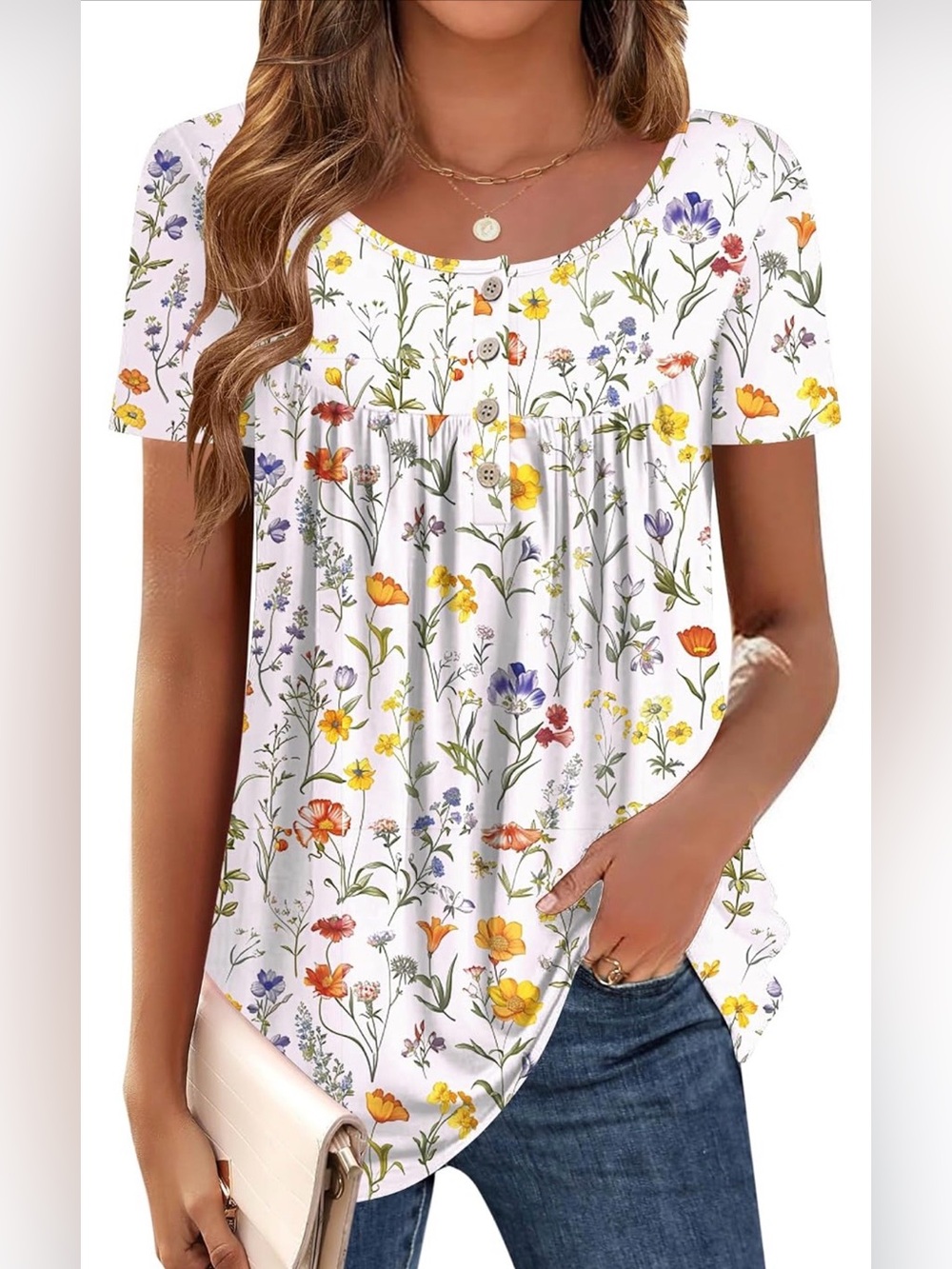 Women's Floral Scoop Neck Short Sleeve Top - White Multi